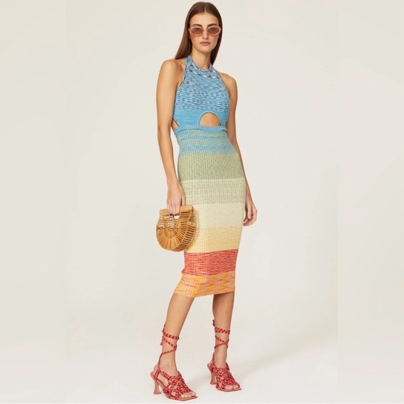 STAUD Dresses & Skirts - STAUD Edesia Rib Knit Bodycon Midi Dress Halter Size Small Open Back Stretch